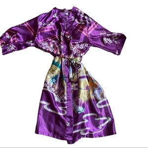 Purple geisha and cherry blossom print satin bridesmaid or maternity robe